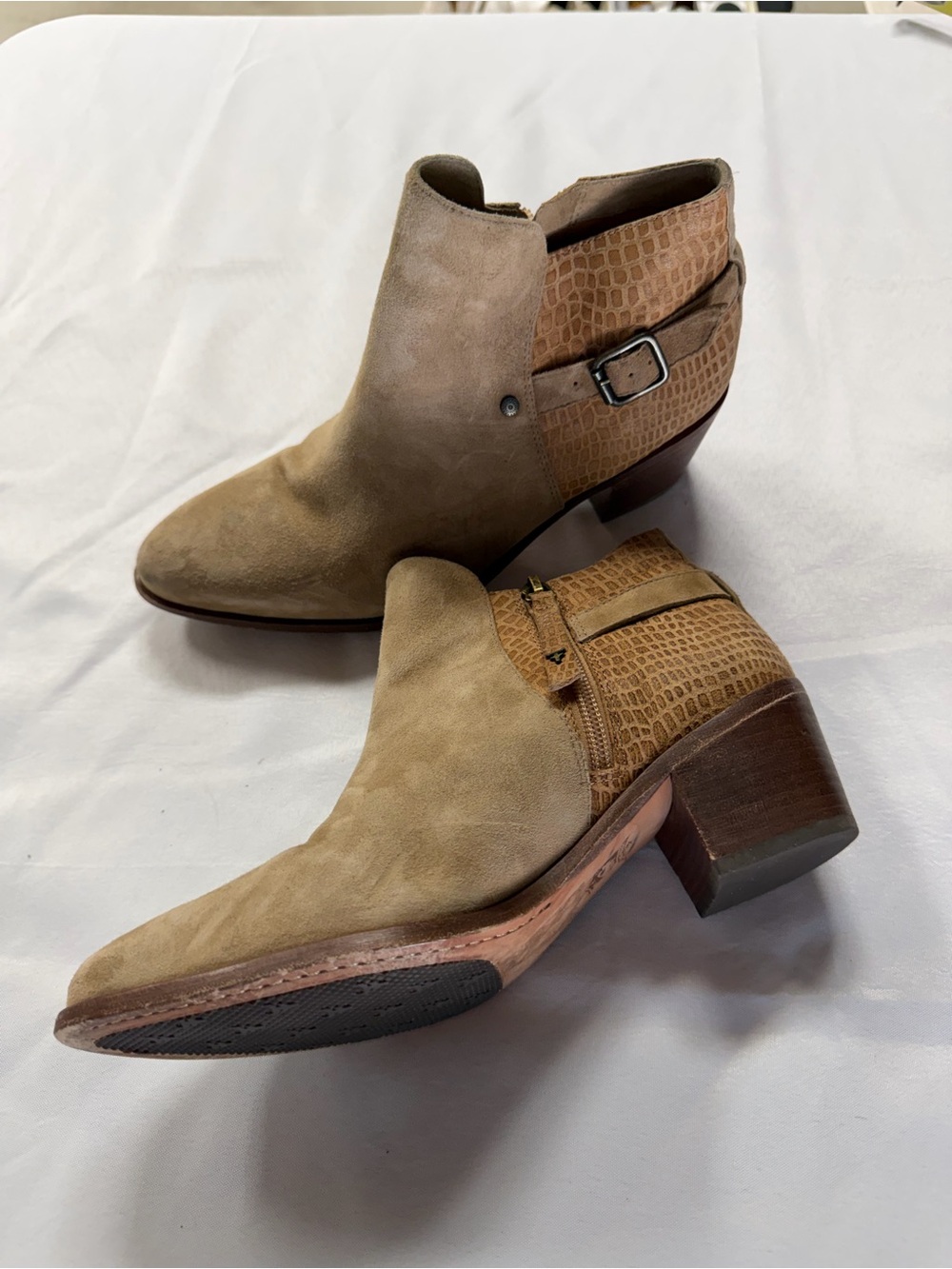 Trask Women's Suede Ankle Booties in Tan with Croc-Texture Heel